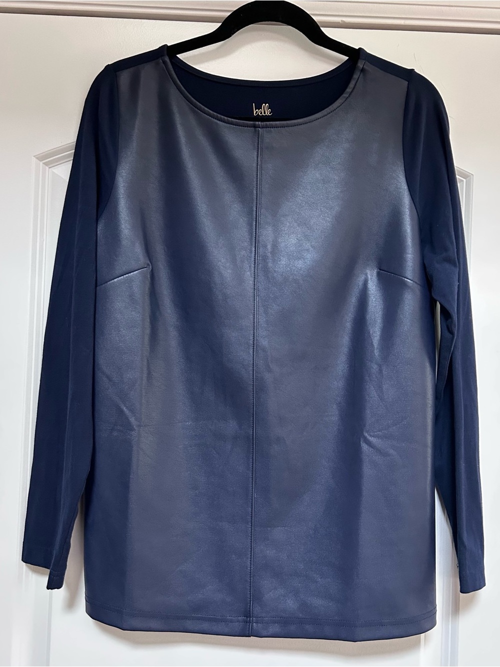 Belle by Kim Gravel Faux Leather Front Top Knit Back & Sleeves Navy Sz S Elegant